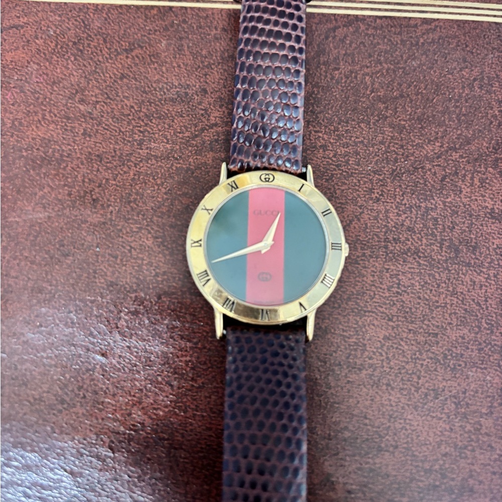 Gucci Gold and Red Dial Watch with Dark Brown Strap
